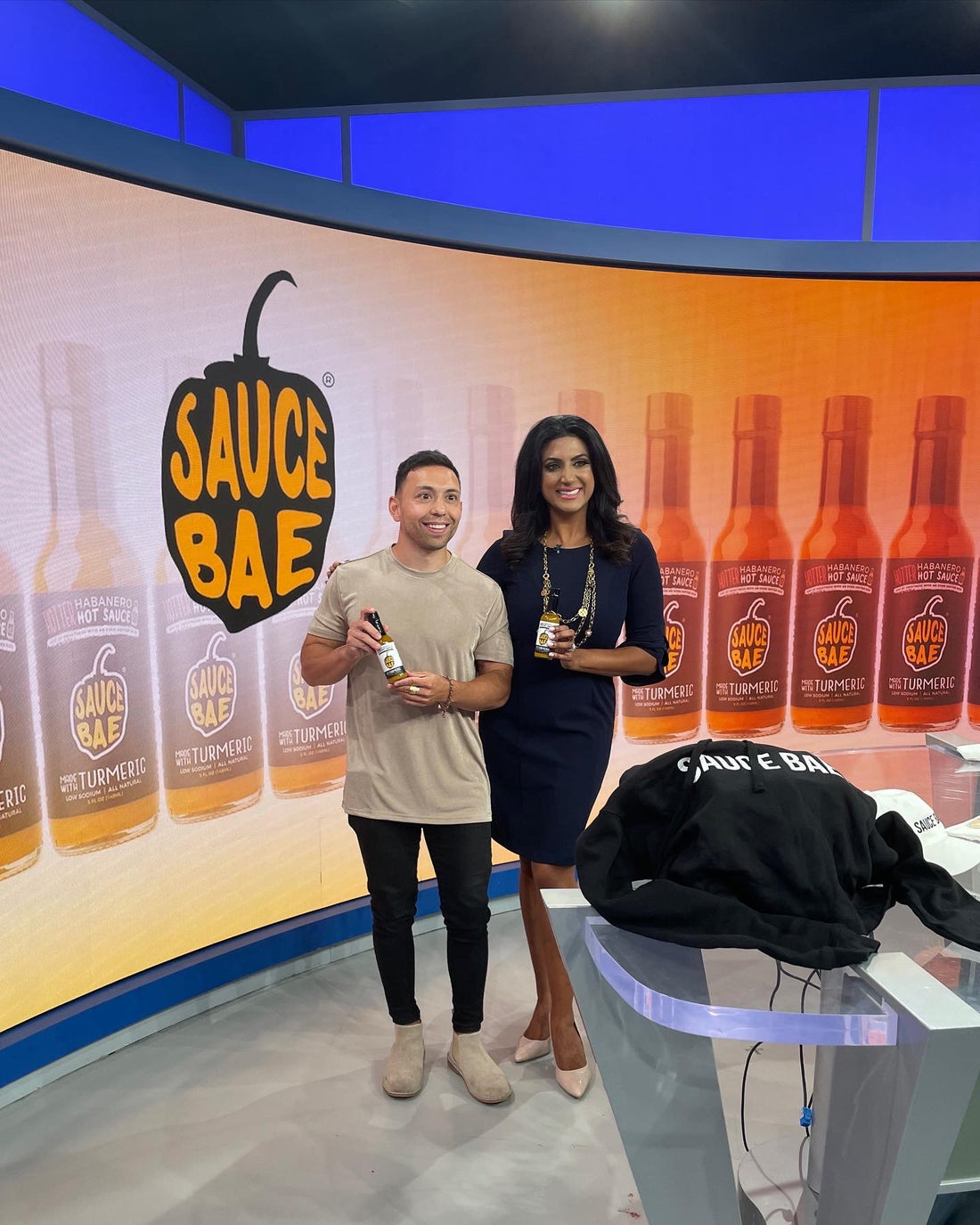 Kevin Carbone Founder of Sauce Bae behind the scenes on set of NJ 12 News