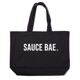 Black Sauce Bae jumbo tote bag with white text, eco-friendly and perfect for everyday use.