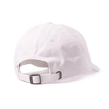 Sauce Bae white dad hat back view, showing adjustable strap and buckle. Comfortable and stylish accessory for hot sauce enthusiasts.